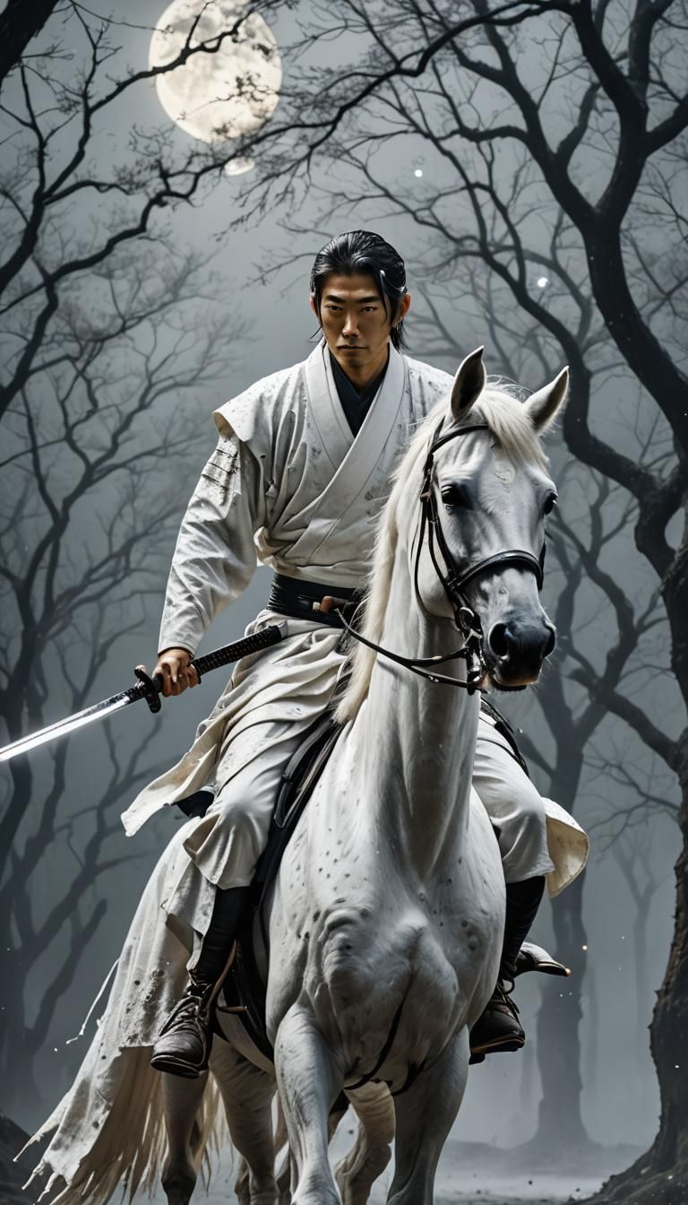 Natural portrait  photography of a handsome Japanese man riding a white horse holding a Japanese katana sword, dressed i...