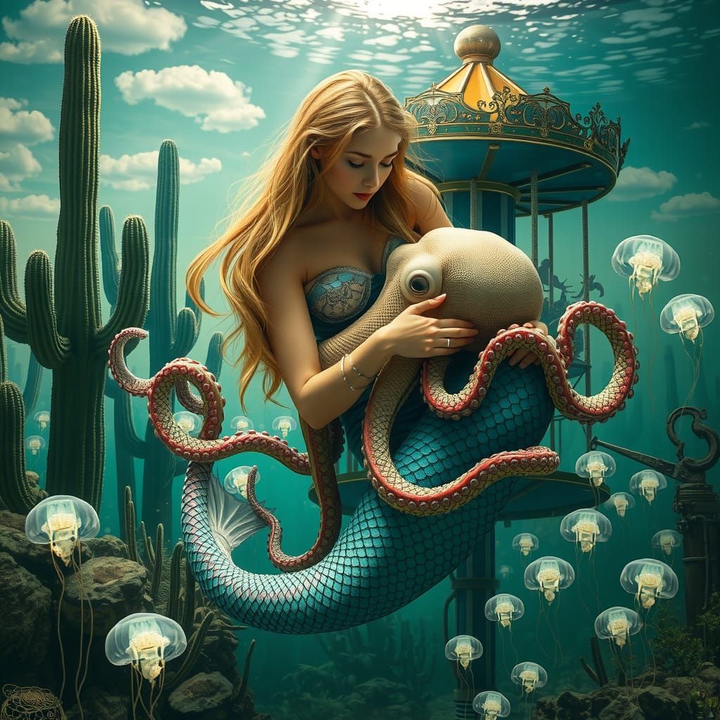 Serene Mermaid Adorns Majestic Octopus in Dreamlike Underwat...