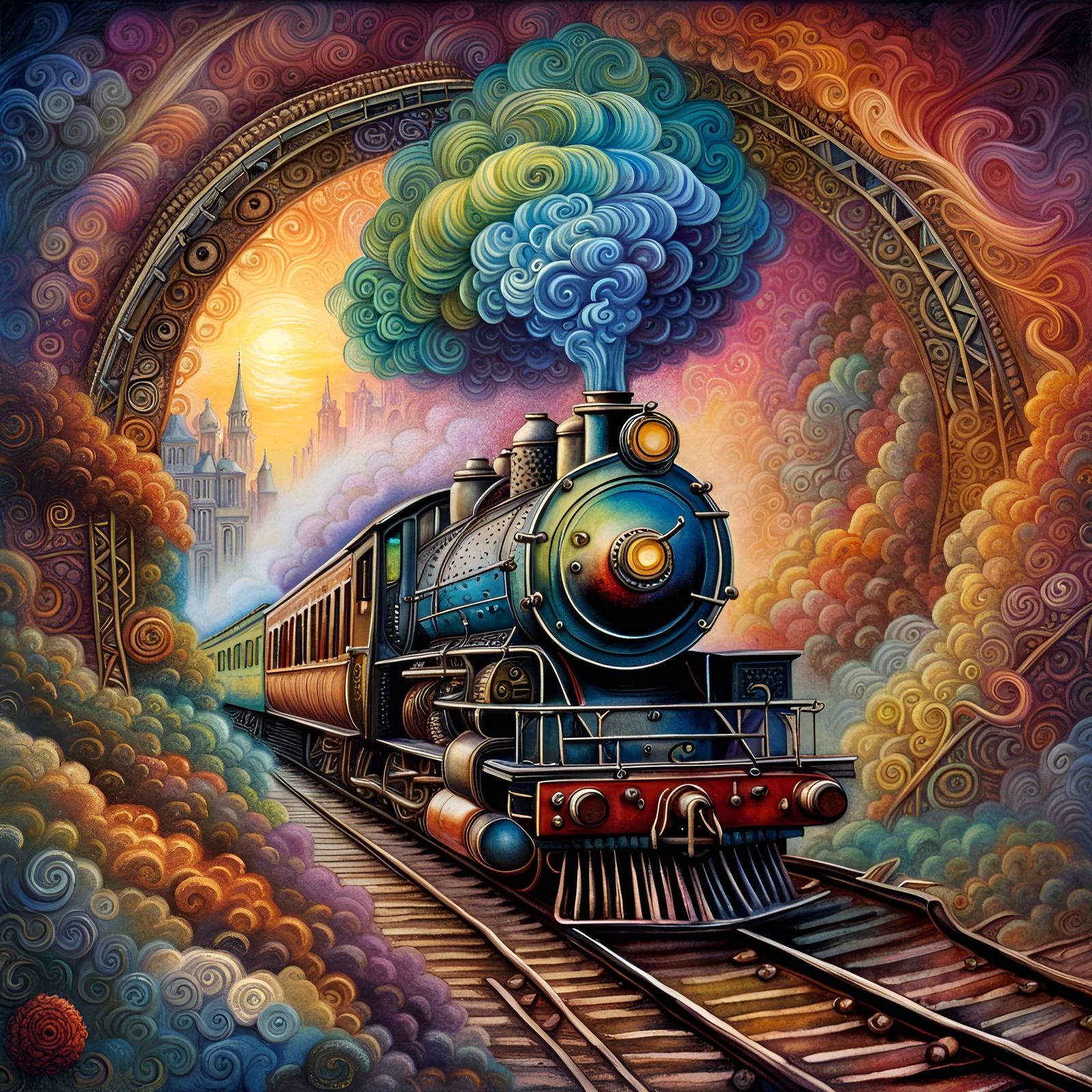 Steam Train on Spiral Track: Hyperrealistic Illustration