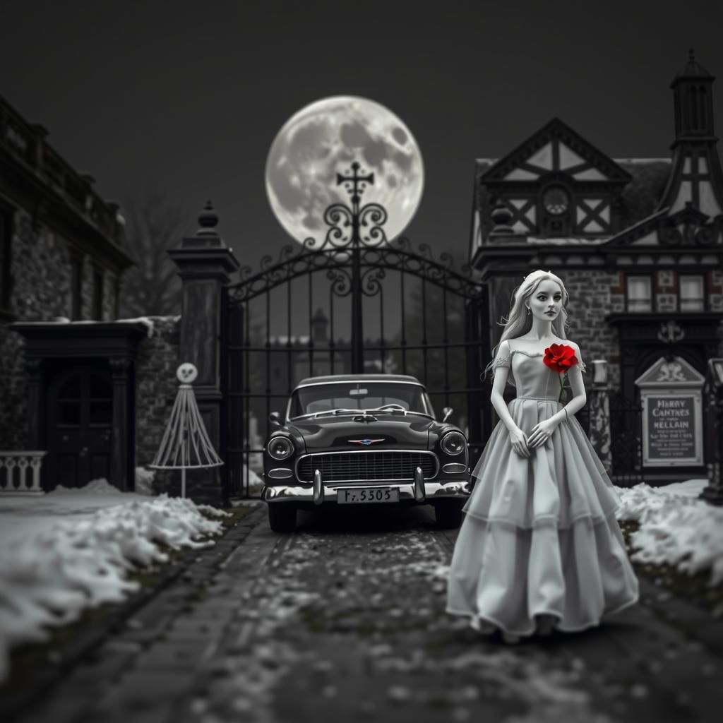 black white with red highlights : A car sits at the gates of...
