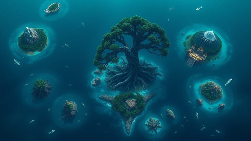 Ethereal High-Fantasy Island Map with Ancient Tree and Glowi...