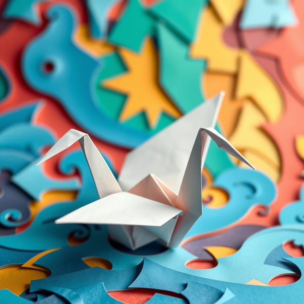 Delicate Origami Crane in Tessellated Paper Art Style