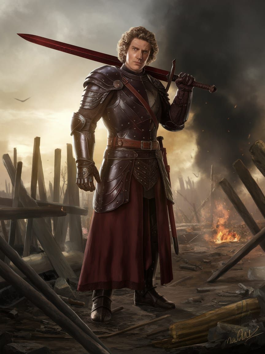 Epic Dark Red Knight in War-Torn Battlefield