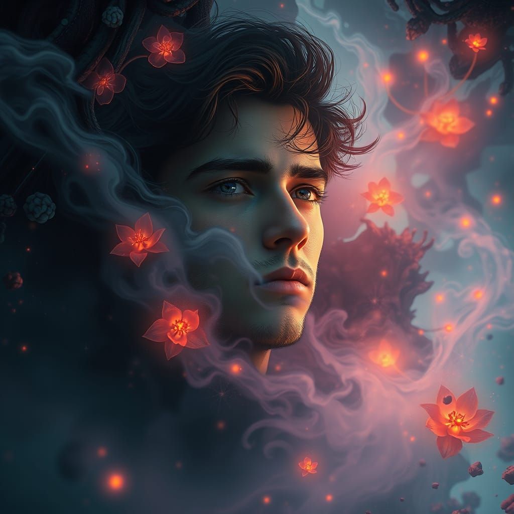 Dreamlike Self-Portrait in Vibrant, Surreal Environment