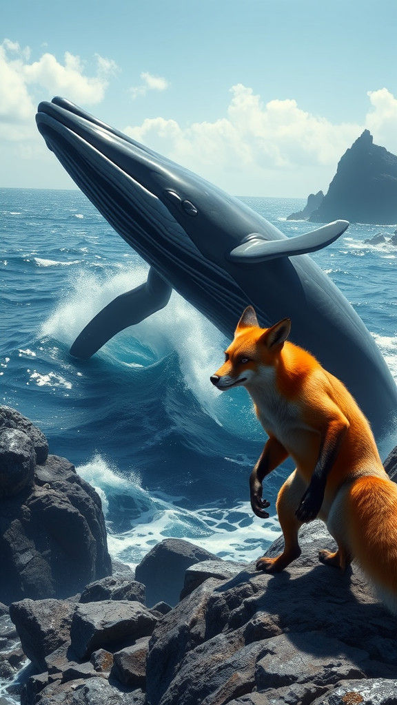 Whale and Fox Standoff on a Rocky Shore