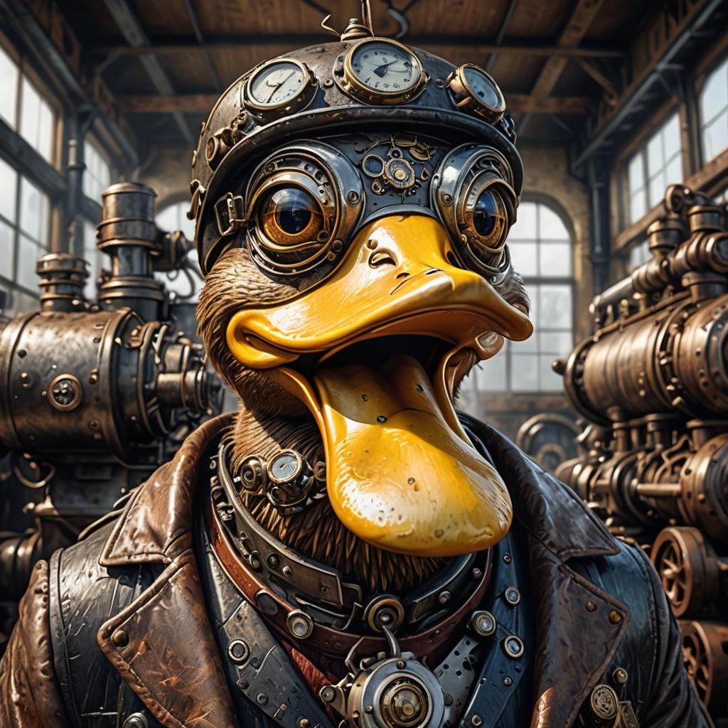 a duck with a human funny face sketchy photorealistic bleak intricate natural light, steampunk engine