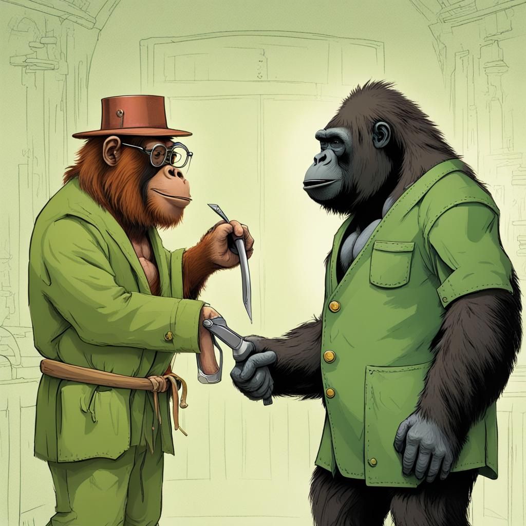Orangutan Visits Gorilla Blacksmith: Humorous AI Image