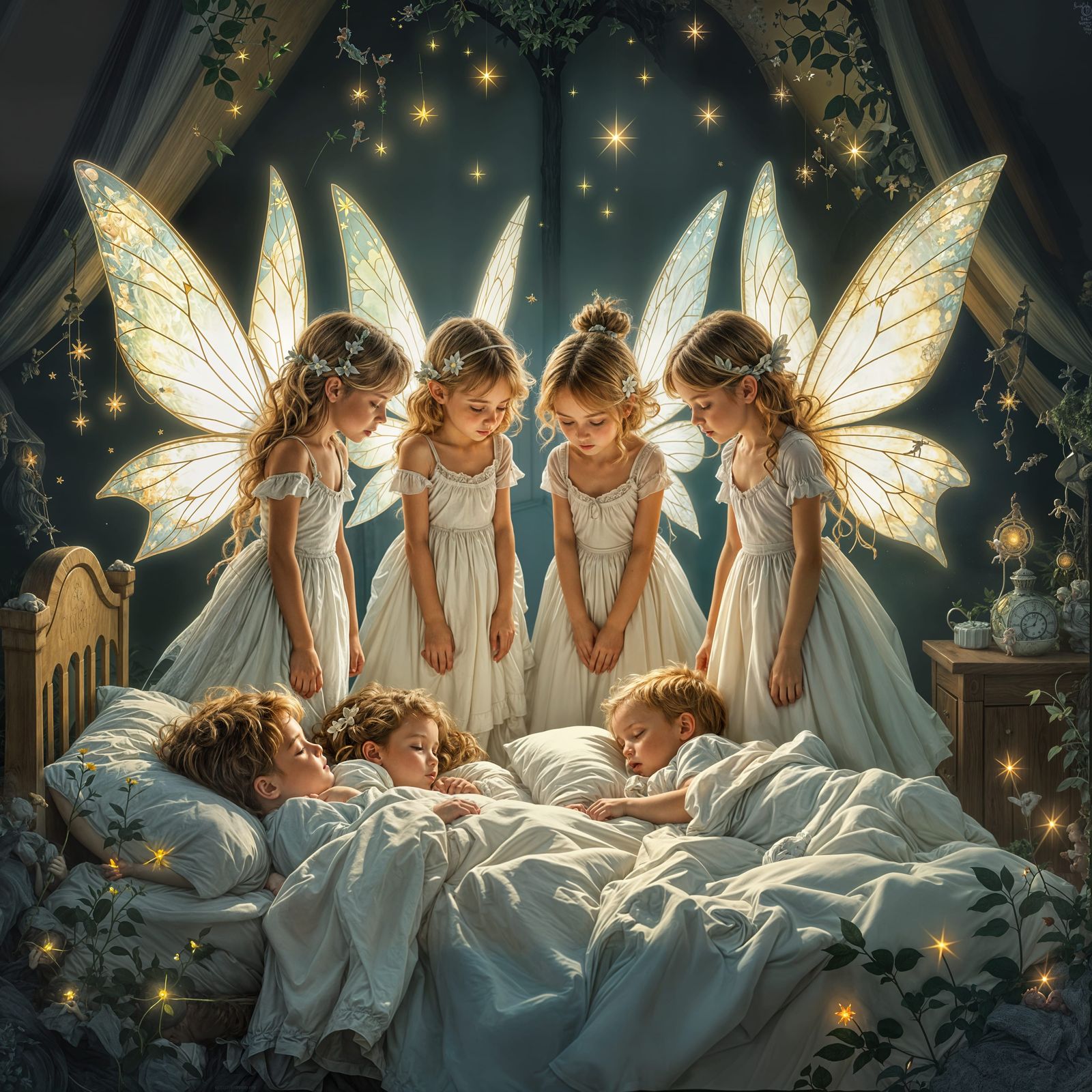 Fairies Guard Sleeping Children in Cozy Home
