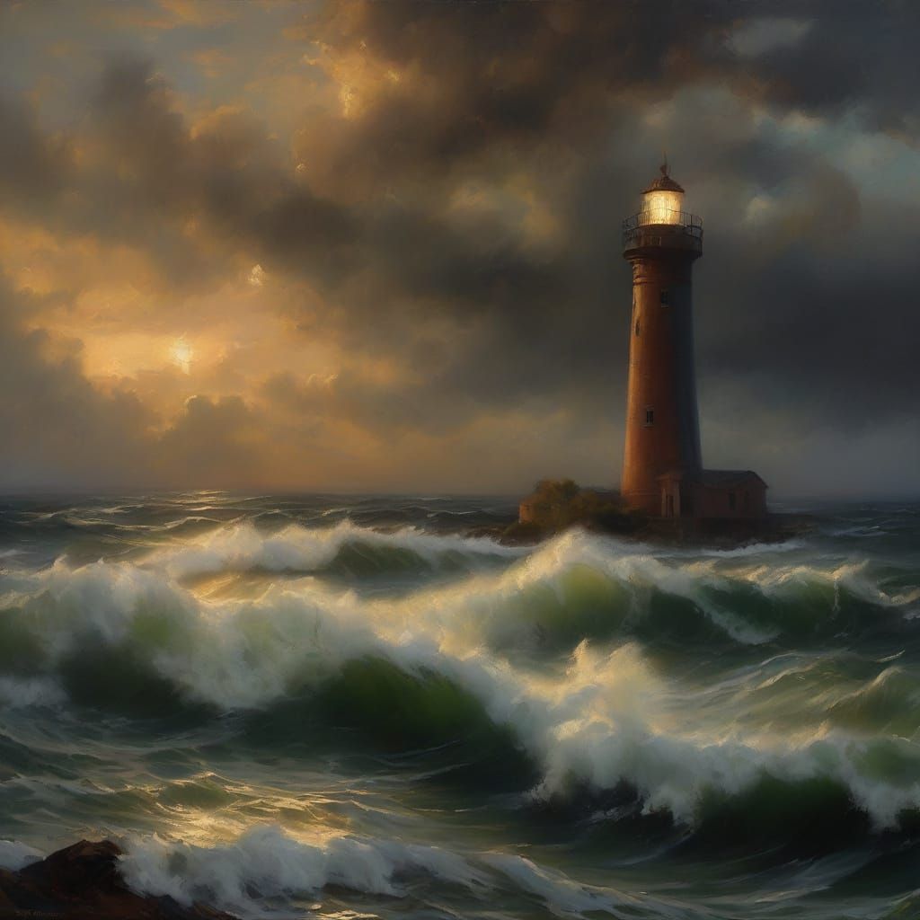 Rabbit Lighthouse in Stormy Night, Dramatic Painting