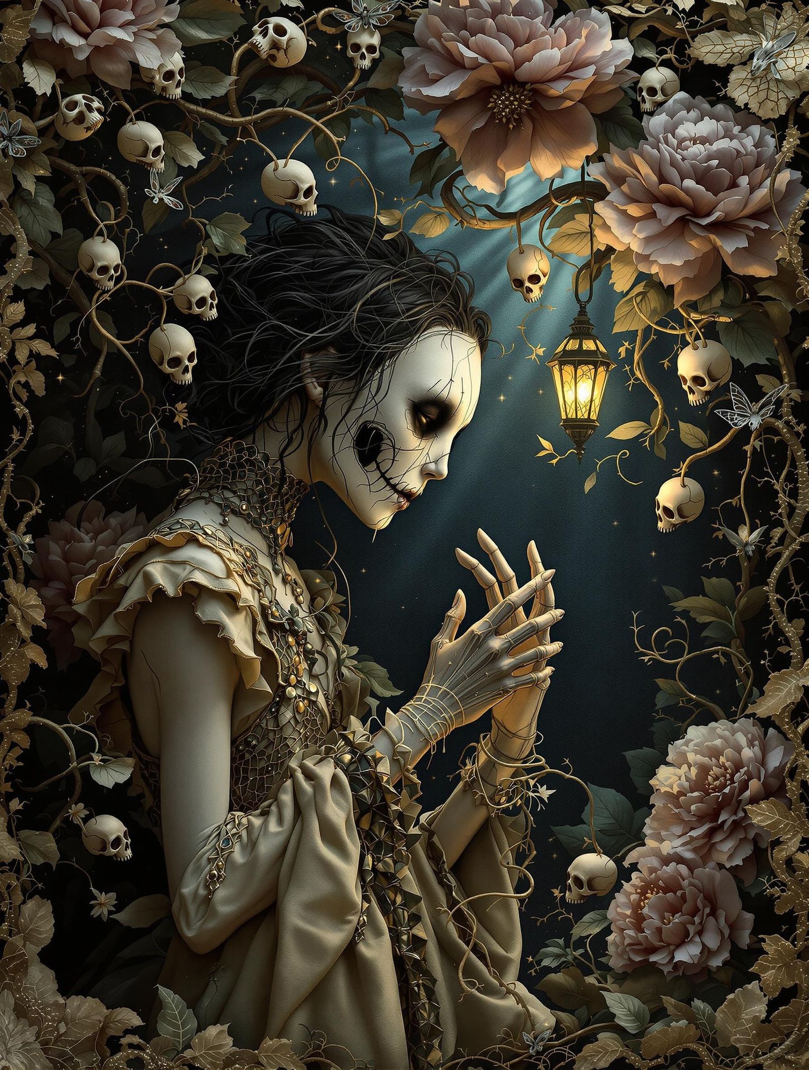 Surreal Adolescent in Velvet Tapestry with Glass Lantern