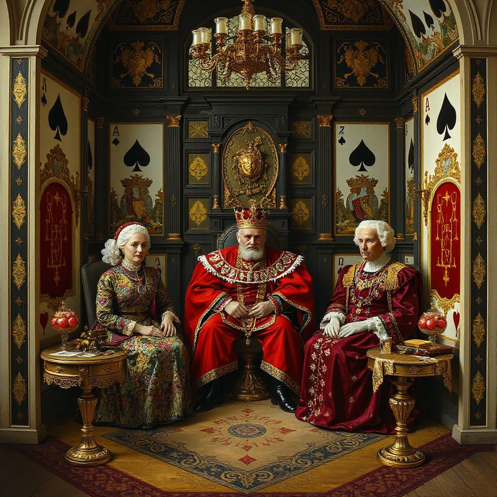 Royal Court Made of Playing Cards in Surrealist Oil Painting...