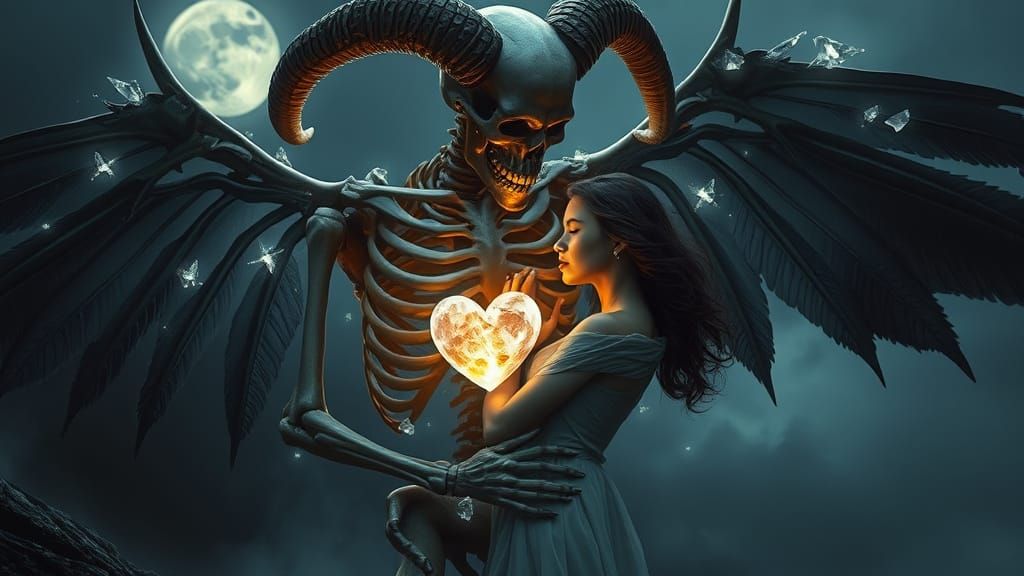 Skeletal Figure Embraces Woman in Gothic Dreamscape