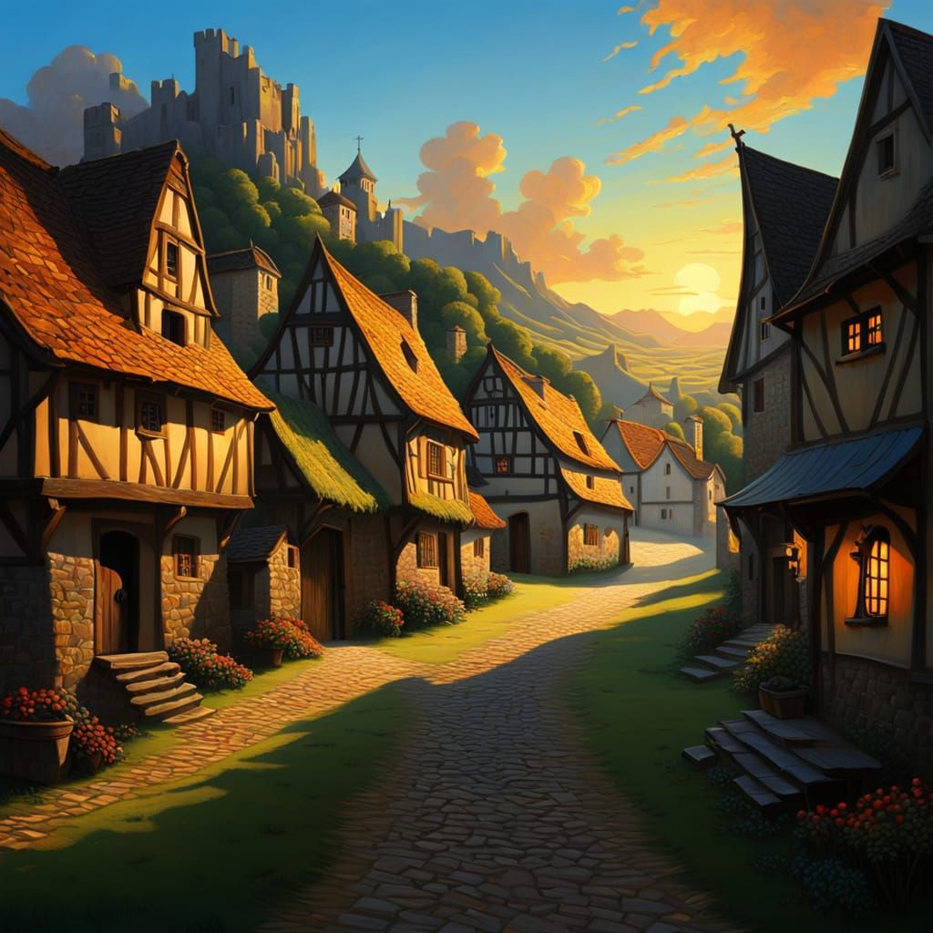 Chiaroscuro Sunrise Over Medieval Cartoon Village