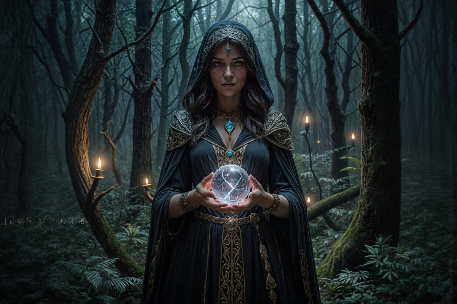Ethereal Sorceress in Dark Fantasy Landscape