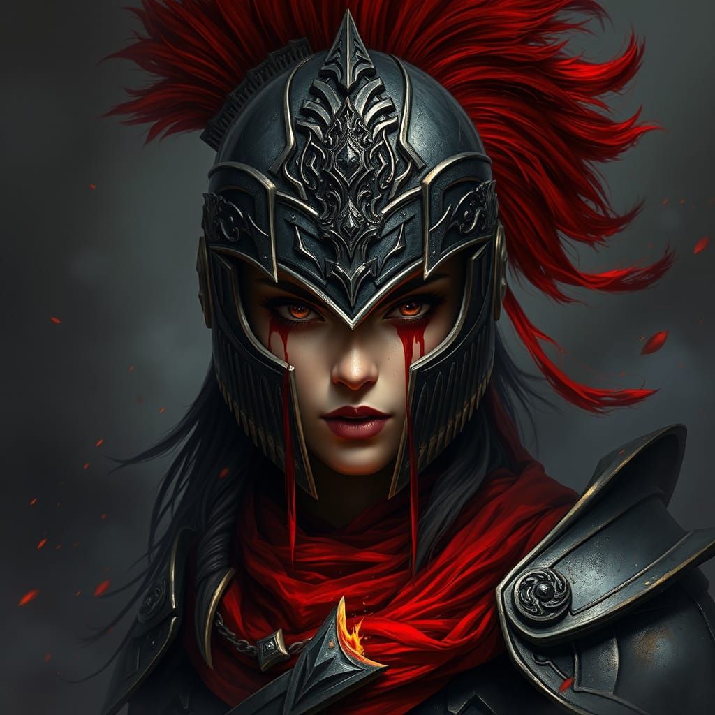 Dark Fantasy Warrior Unveiled in Crimson Plume and Bloodstai...