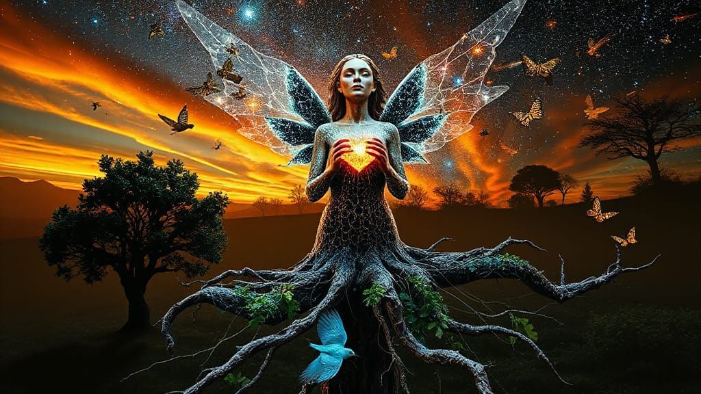 Fragmented Sculpture of Woman with Iridescent Wings in Fores...