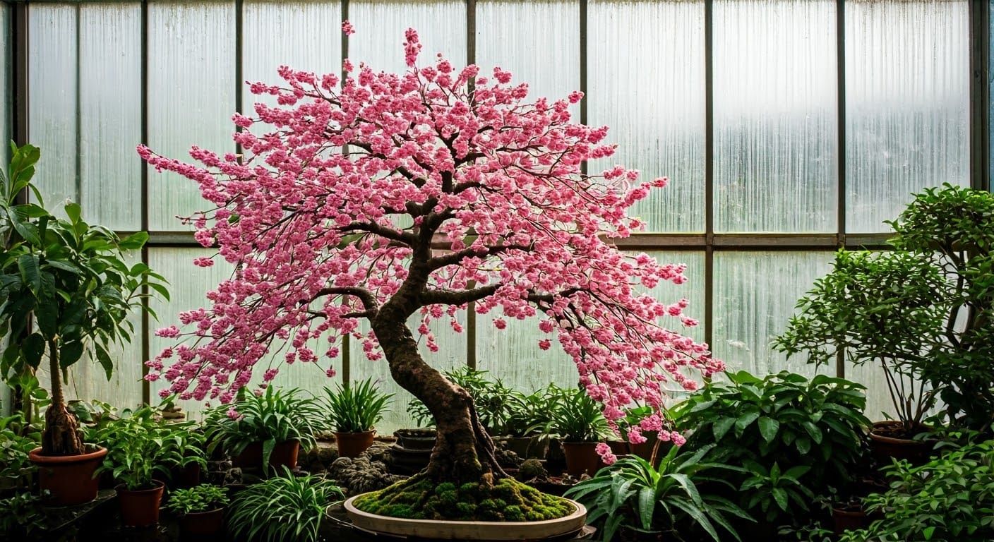 Cherry Blossom Bonsai in Tranquil Greenhouse