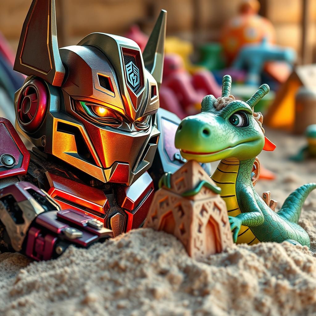 Ein Transformer und ein Drache, die gemeinsam eine beeindruc...