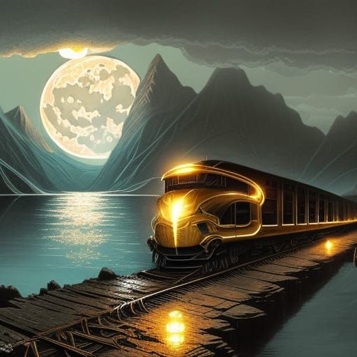 Gold Train Traversing Lake at Night