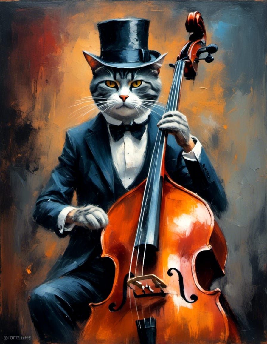 Jazz Cat Plays Double Bass in Oil Chalk Style