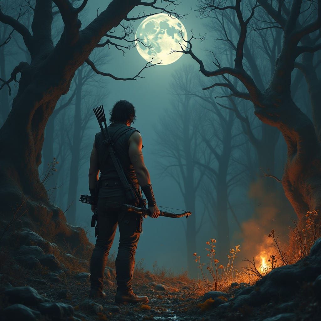 Ethereal Hero Stands at the Edge of a Mystical Forest