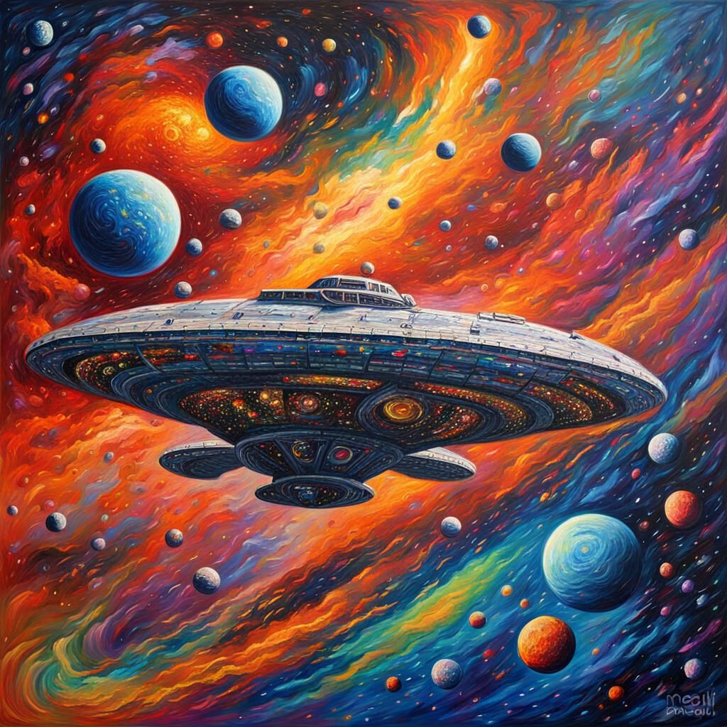 Starship Amidst Vivid Galaxy in Neo-Impressionist Style
