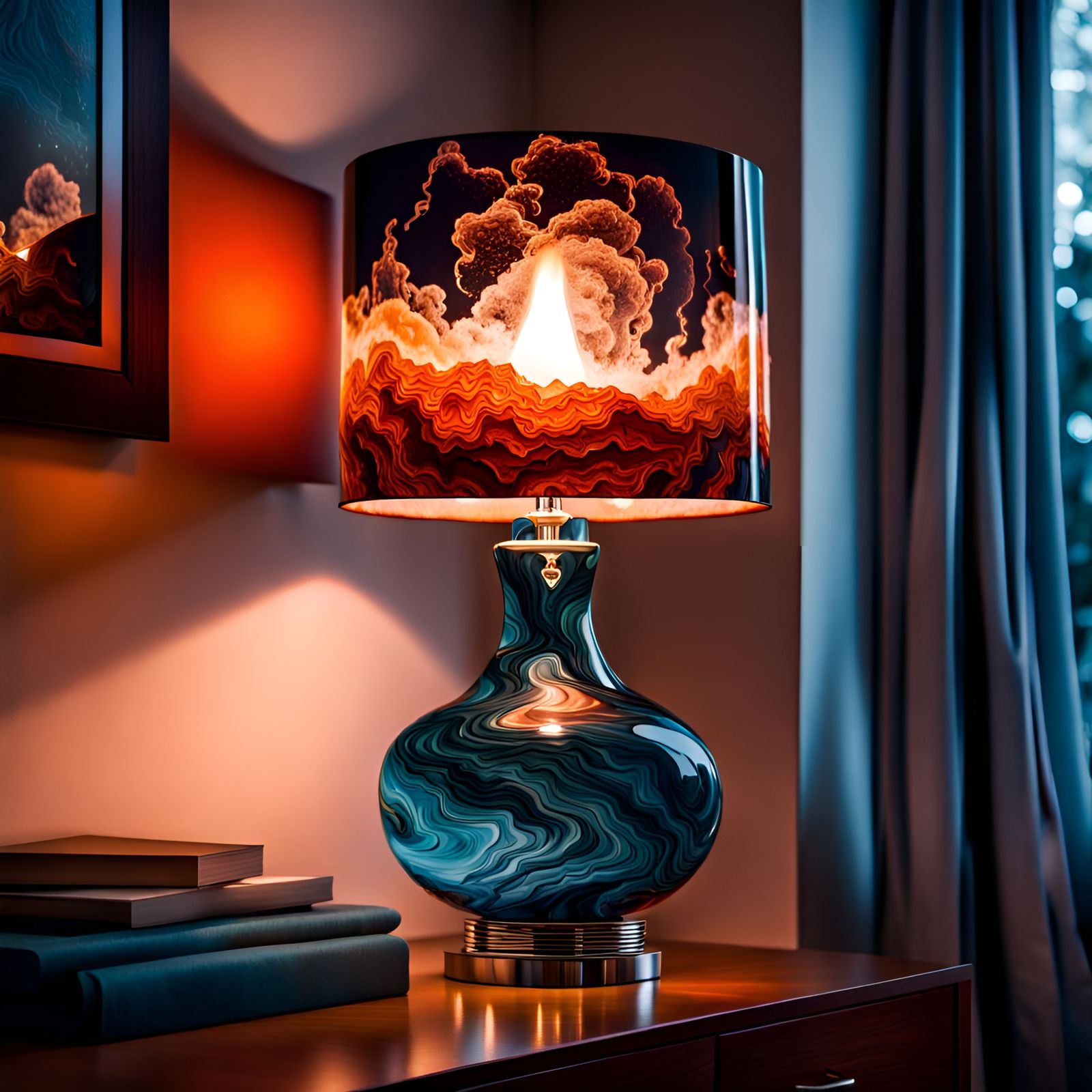 Intricate Glass Lava Lamp in Moonlit Bedroom