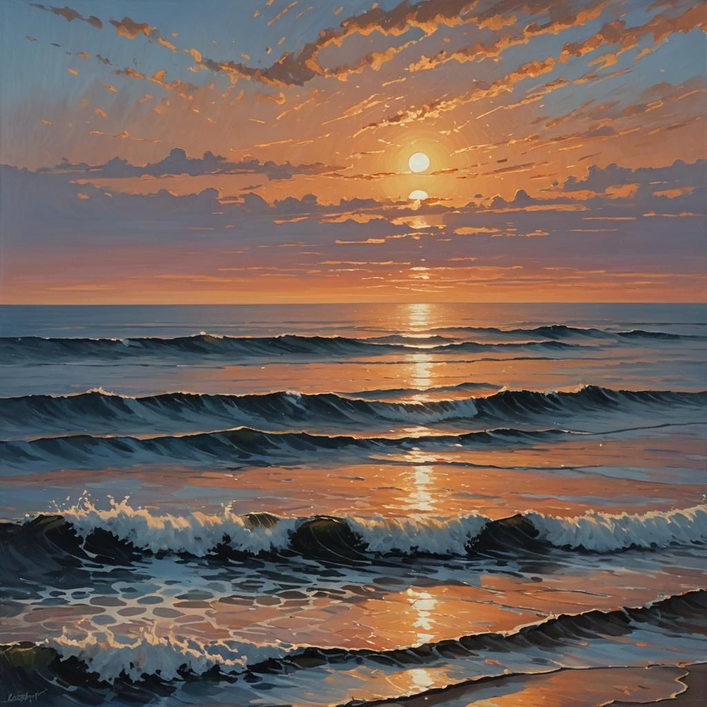 Golden Sunrise Over Ocean Waves: Cinematic Film Still