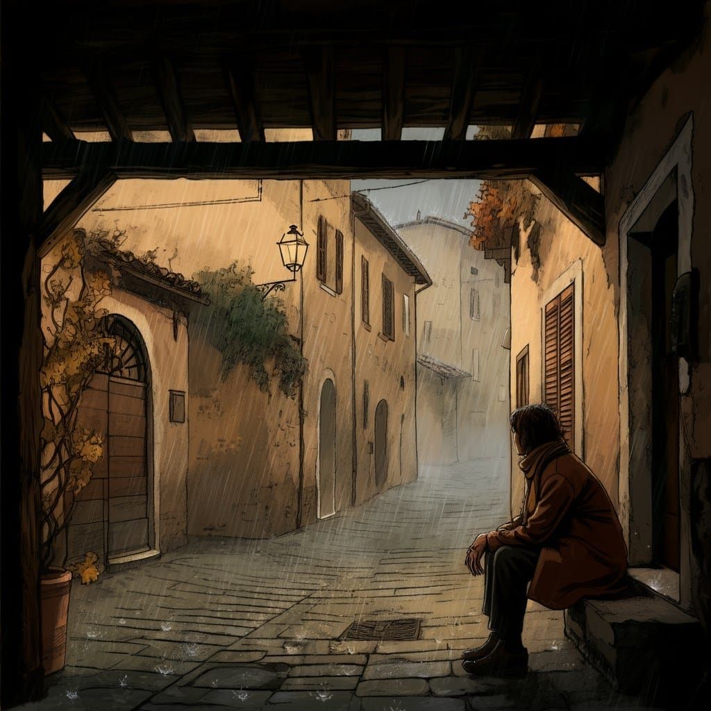 Contemplative Moment in an Italian Autumn Rainstorm