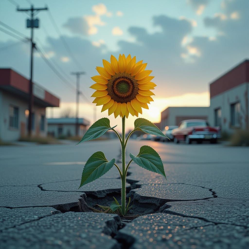 Resilient Sunflower Emerges in Abandoned Parking Lot