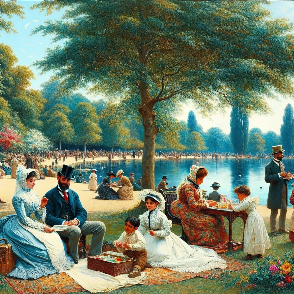 Victorian Family in Park: An Oil Painting