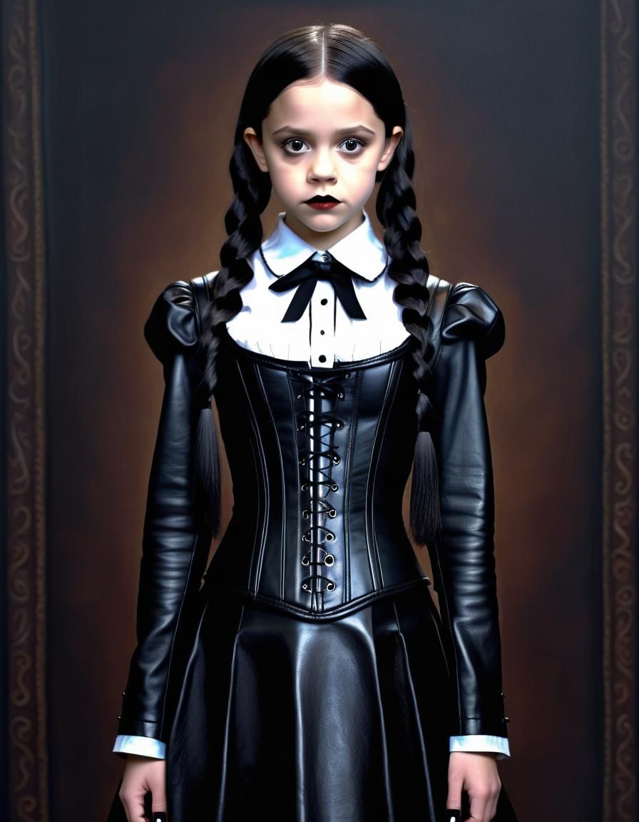 Wednesday Addams in Leather: An Ultrarealistic Portrait