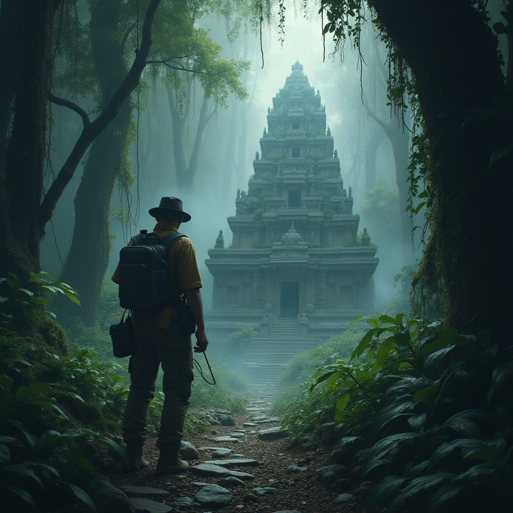 Explorer Discovers Ancient Temple in Misty Jungle