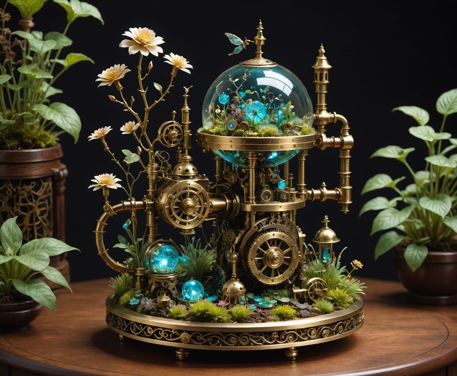 Steampunk Automaton Tending Bioluminescent Garden