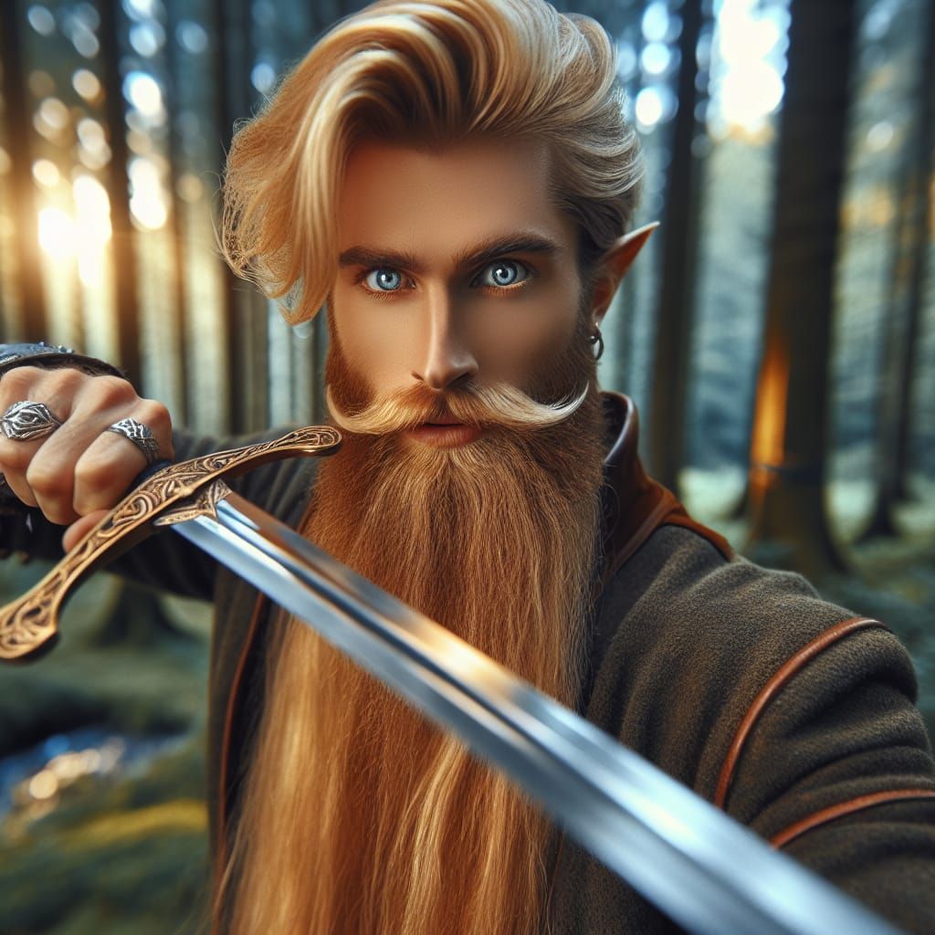 The bearded wood-elf with a shortsword