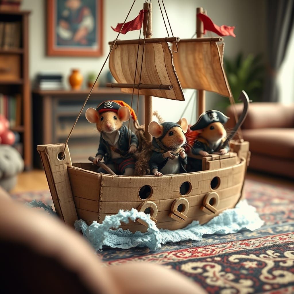 Pirate Mice Sailing a Cardboard Ship
