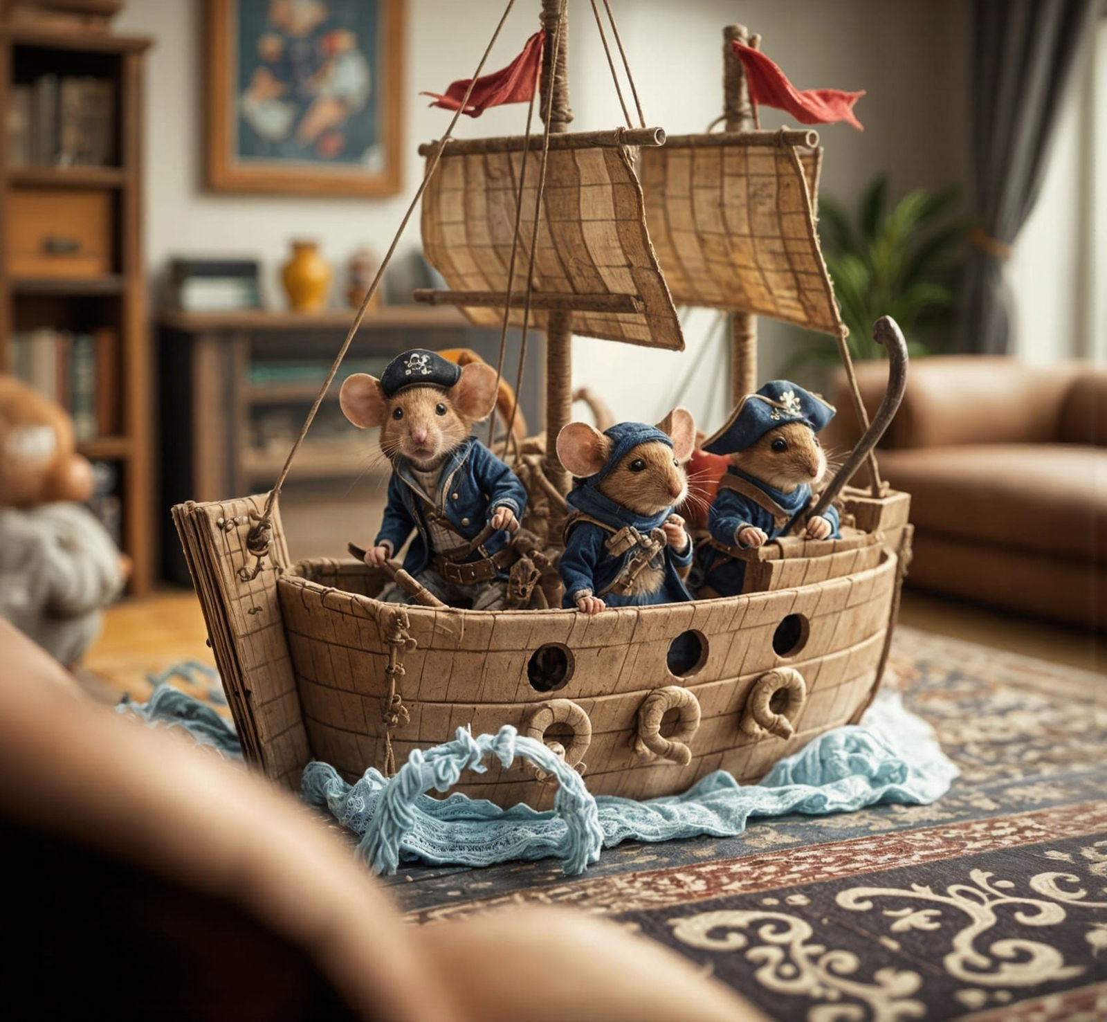 Pirate Mice on Cardboard Ship in Living Room Adventure