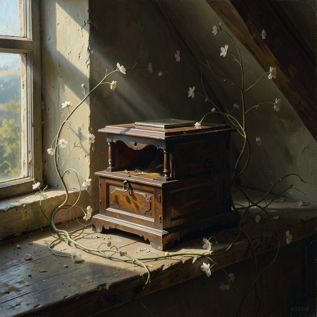Antique Music Box on Attic Windowsill Oil Painting