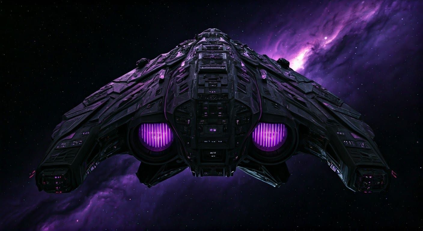 Epic Spaceship Among Purple Nebulae in Sci-Fi Art