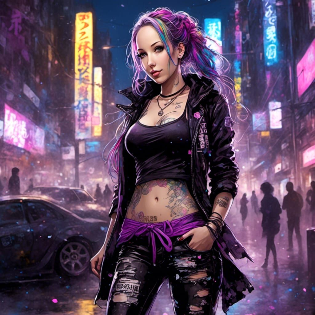 Cyberpunk Fairy in Anime Style Cityscape