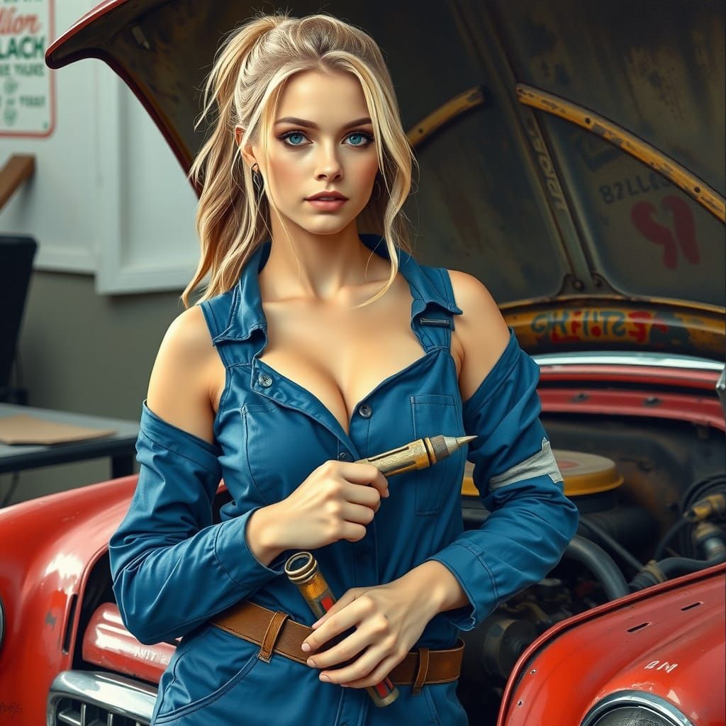 Young Woman Car Mechanic Repairs a Red Car