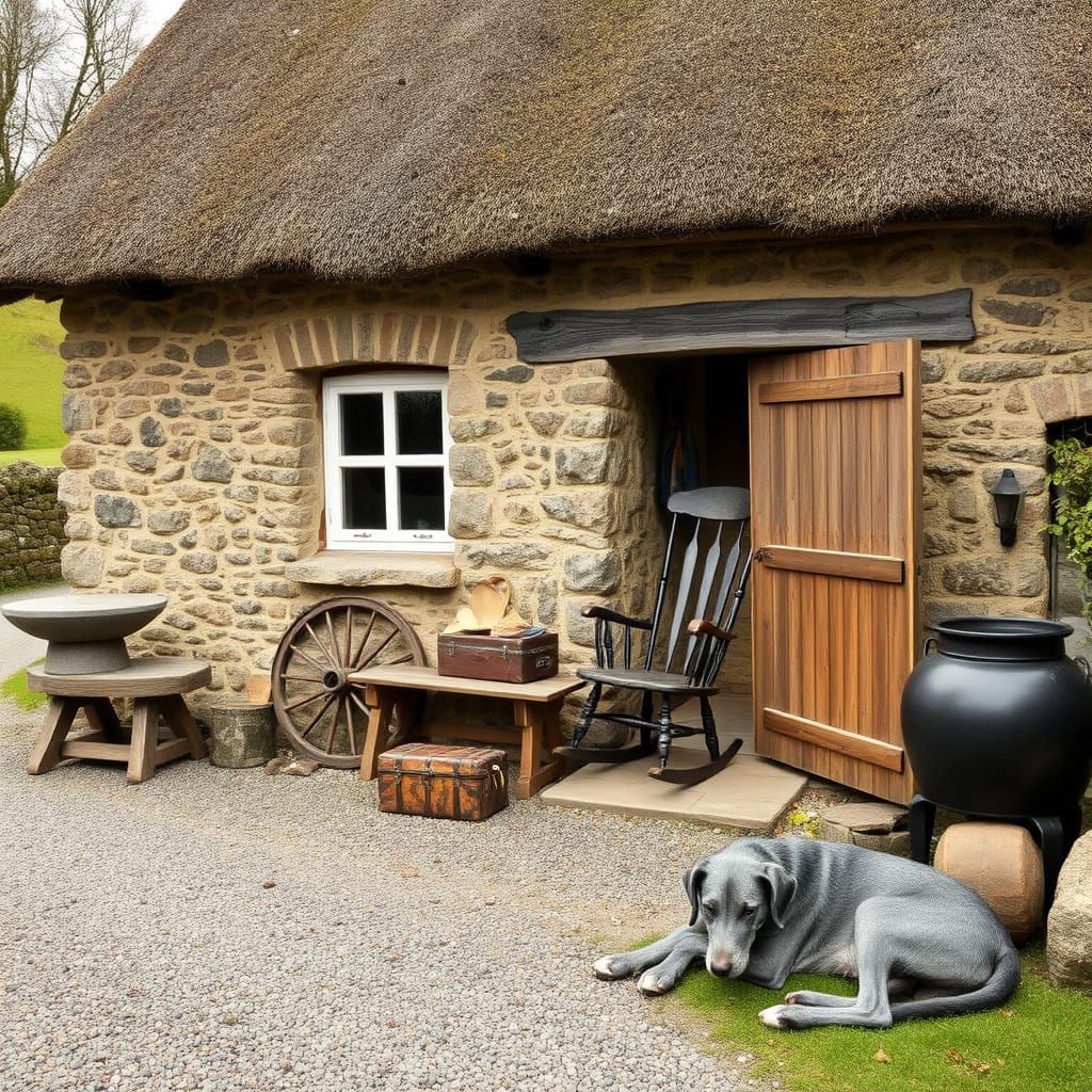 Rustic Stone Cottage with Thatched Roof and Wolfhound