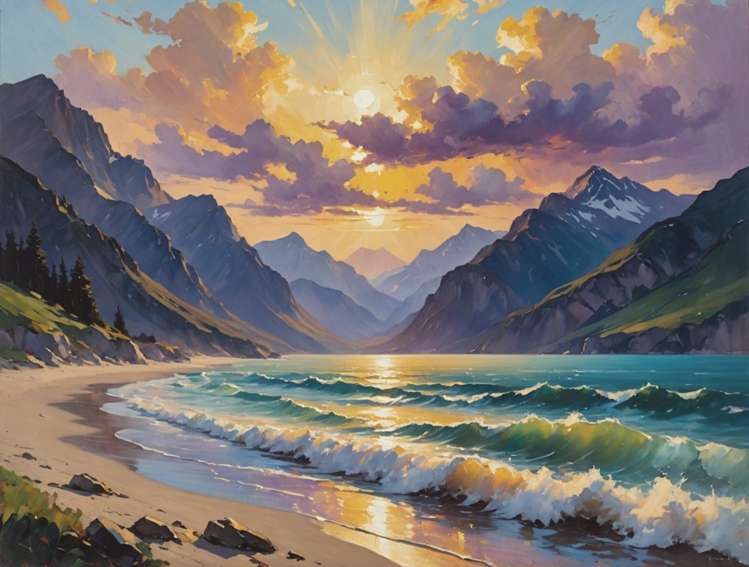 Impressionist Seascape with Vibrant Sunset and Bioluminescen...