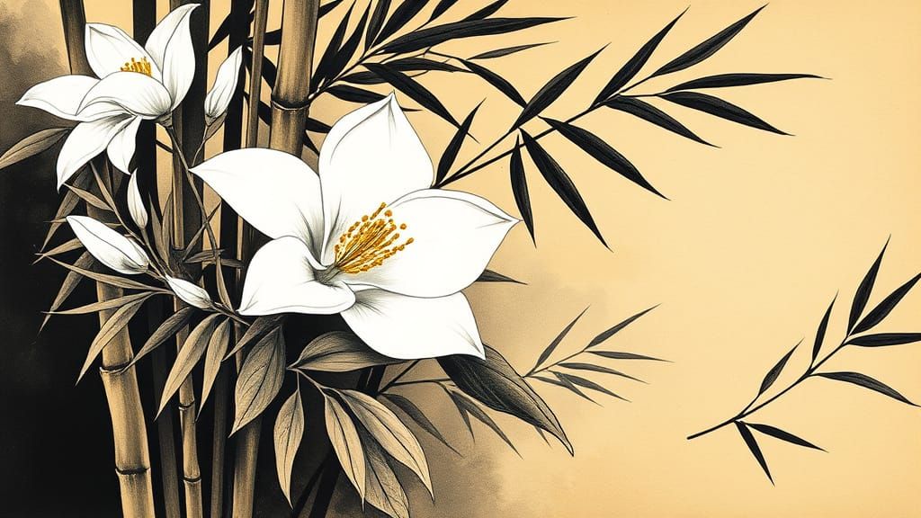 Bamboo and Camellia in Traditional Japanese Sumi-e Style