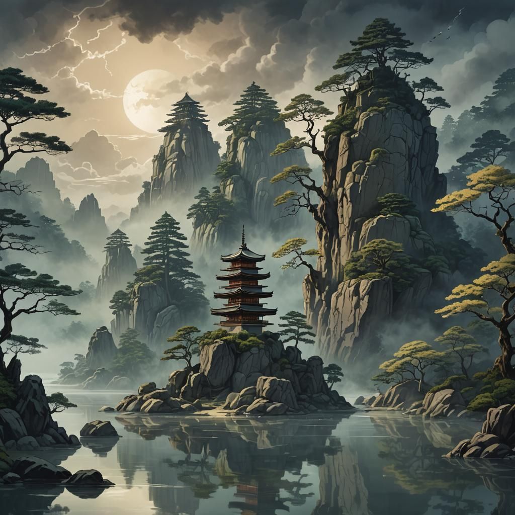 Mysterious Japanese Temple at Night: Retro D&D Style