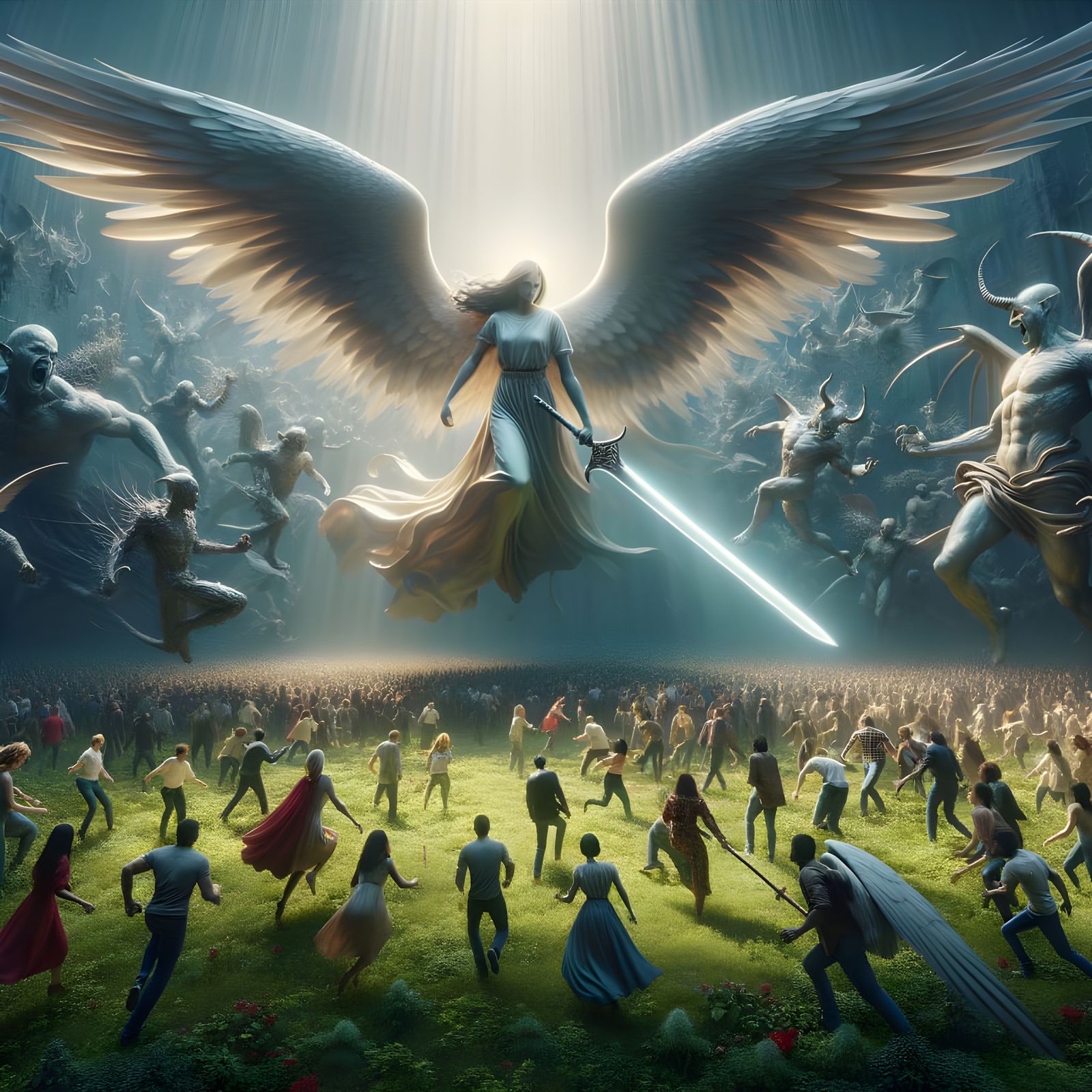 Angel Guardians Protect Innocents in Vibrant Maximalist Gard...