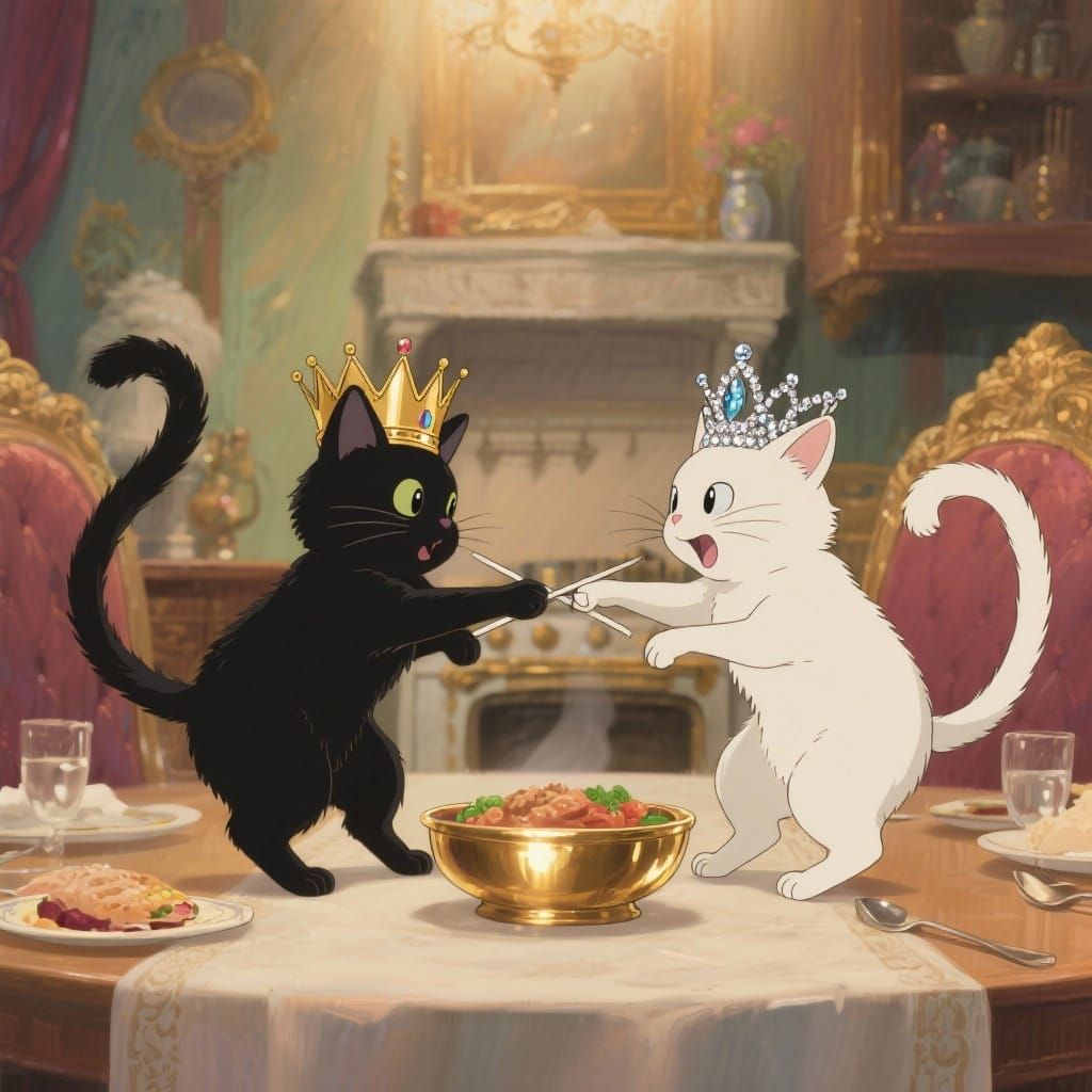 Cats in Royal Attire Dueling for Food