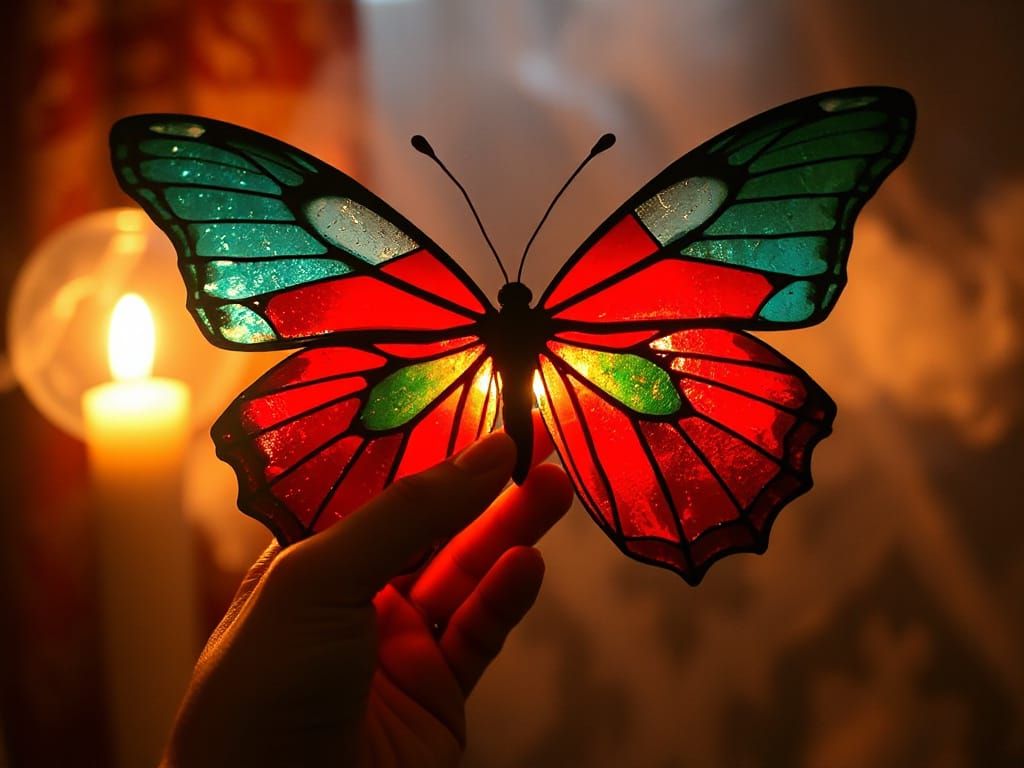 Stained Glass Butterfly Metamorphosis in Candlelight