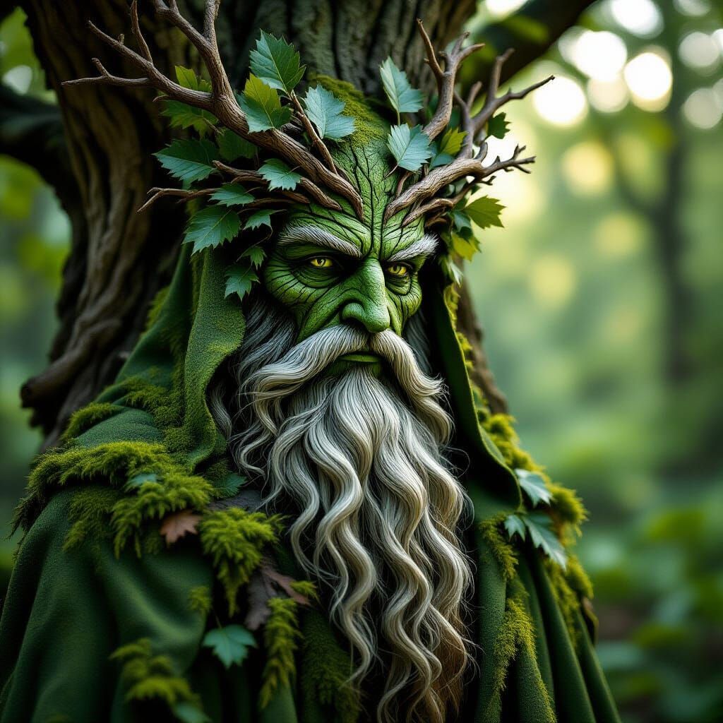 Green Man Emerges from Oak in Hyperdetailed Charcoal Style