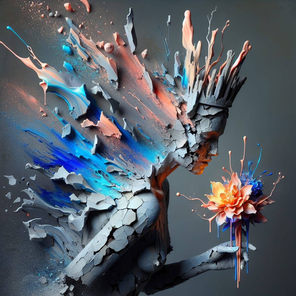 Abstract Dancing Figure with Neon Bouquet